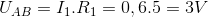 {U_{AB}} = {I_1}.{R_1} = 0,6.5 = 3V