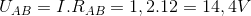 {U_{AB}} = I.{R_{AB}} = 1,2.12 = 14,4V