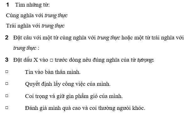 Luyện từ và câu - Mở rộng vốn từ: Trung thực - Tự trọng trang 31 Vở bài tập (SBT) Tiếng Việt 4 tập 1